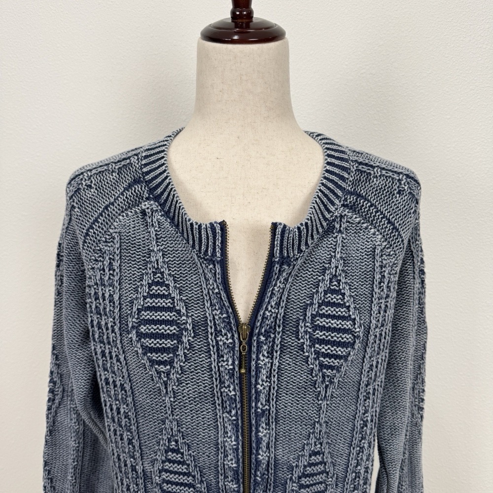 Womens Fisherman Knit Zip Front Sweater Blue Textured Coastal Cardigan Layering - Picture 2 of 13